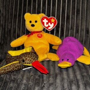 Ty Yellow Bear with Purple Platypus & Patterned Snake Plush Set